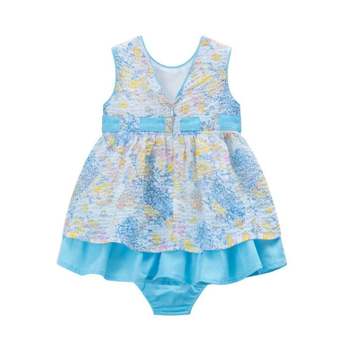 Vestido con braguita de fiesta de bebe niña azul con flores del color amarillo| Newness