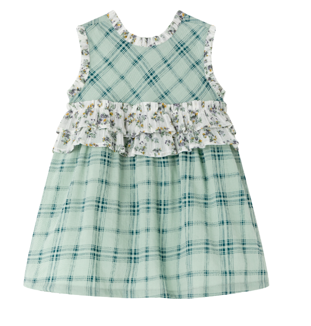 Vestido con braguita de fiesta cuadros verdes con adorno en la cintura combinado para bebe niña | Newness