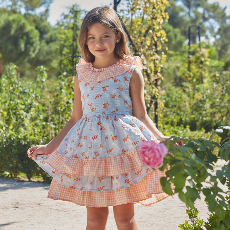 Vestido de fiesta azul con flores del color naranja para niña | Newness
