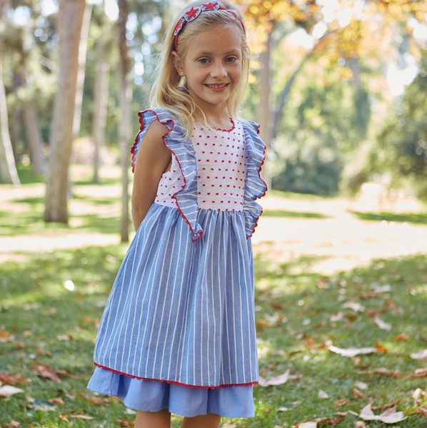 Vestido de fiesta azul con rayas blancas, lazo rojo movible para niña | Newness