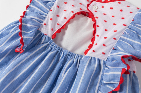 Vestido de fiesta azul con rayas blancas, lazo rojo movible para niña | Newness