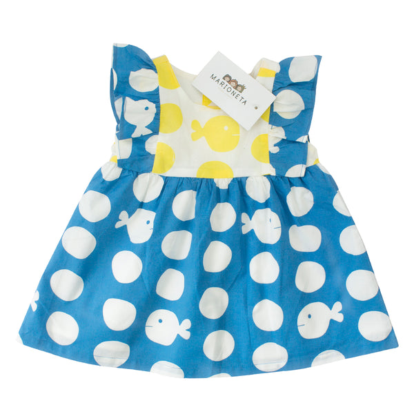 Vestido con lunares y peces de color azul para bebé niña| Newness