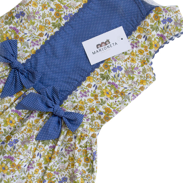 Vestido con flores color amarillo y moños color azul para niña| Newness