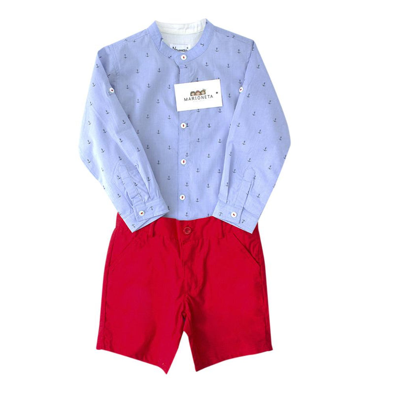 ❤️ Conjunto dos piezas blusa roja con detalle de lazo al frente y short  ivory con rayas gris para bebe niña