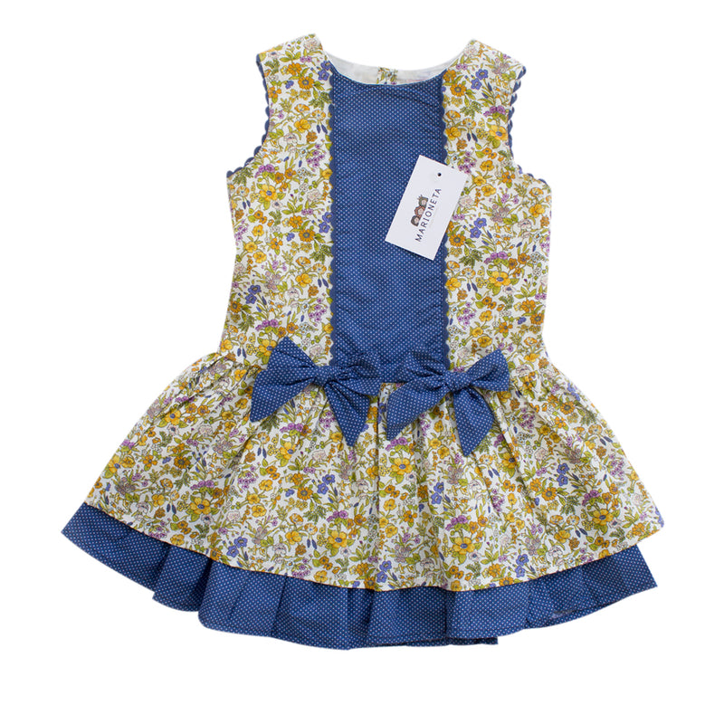 Vestido con flores color amarillo y moños color azul para niña| Newness