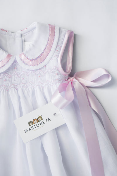 Vestido bordado color blanco con moños color rosa para bebé/niña| Carpi