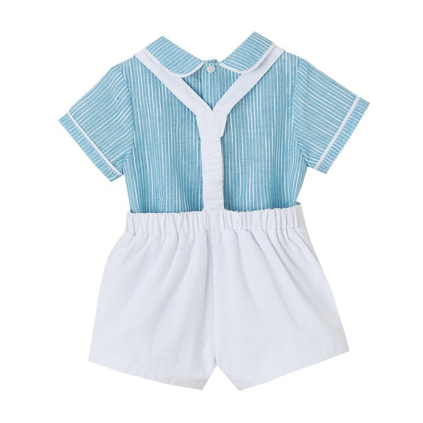 Conjunto dos piezas camisa azul con rayas y short con tirantes blanco para bebe | Newness