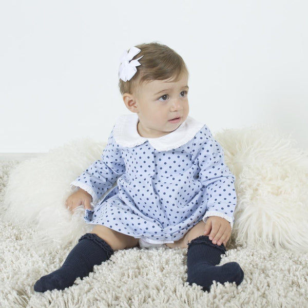 Vestido color azul con puntos y cuello blanco para bebe niña | Newness