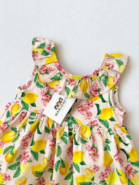 Vestido estampado color amarillo y verde  sin manga para niña | LOSAN