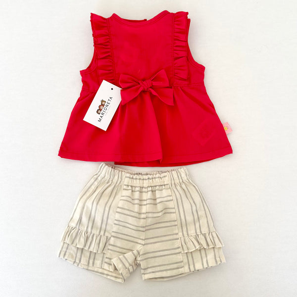 Conjunto dos piezas blusa roja con detalle de lazo al frente  y short ivory con rayas gris para bebe niña