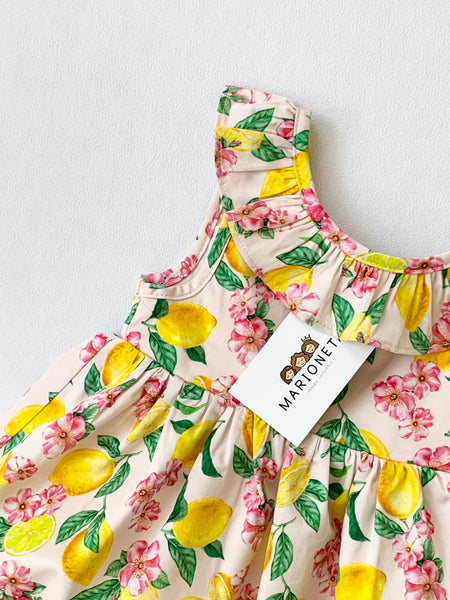 Vestido estampado color amarillo y verde  sin manga para niña | LOSAN