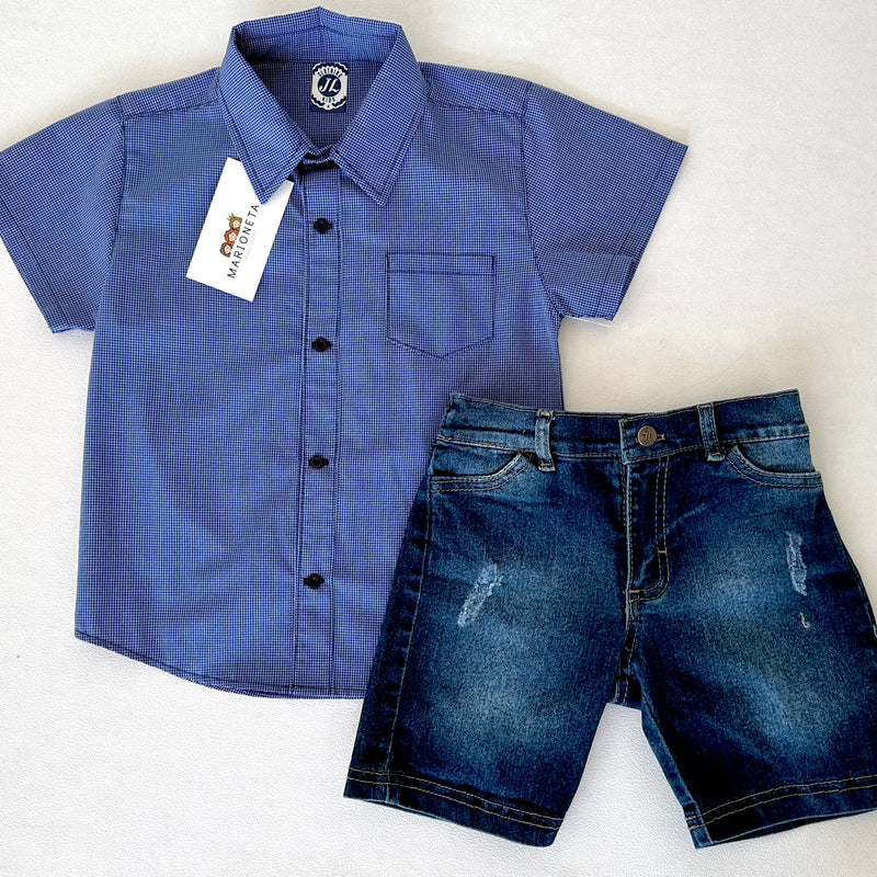 Conjunto dos piezas camisa a cuadros azul con short mezclilla para niño JL