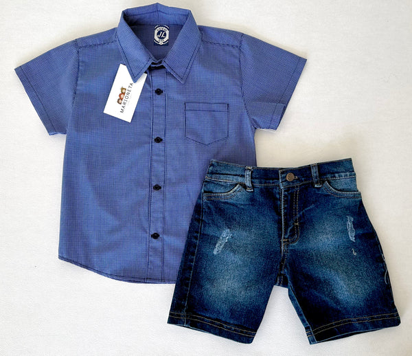 Conjunto dos piezas camisa a cuadros azul con short mezclilla para niño JL