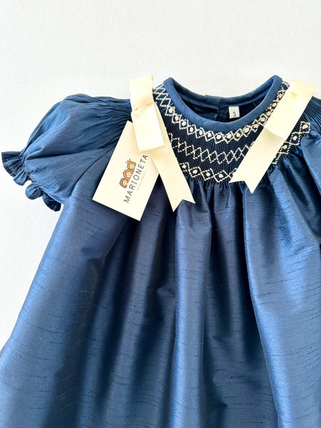 Vestido Bordado Color Azul marino con beige Para Niña| Carpi