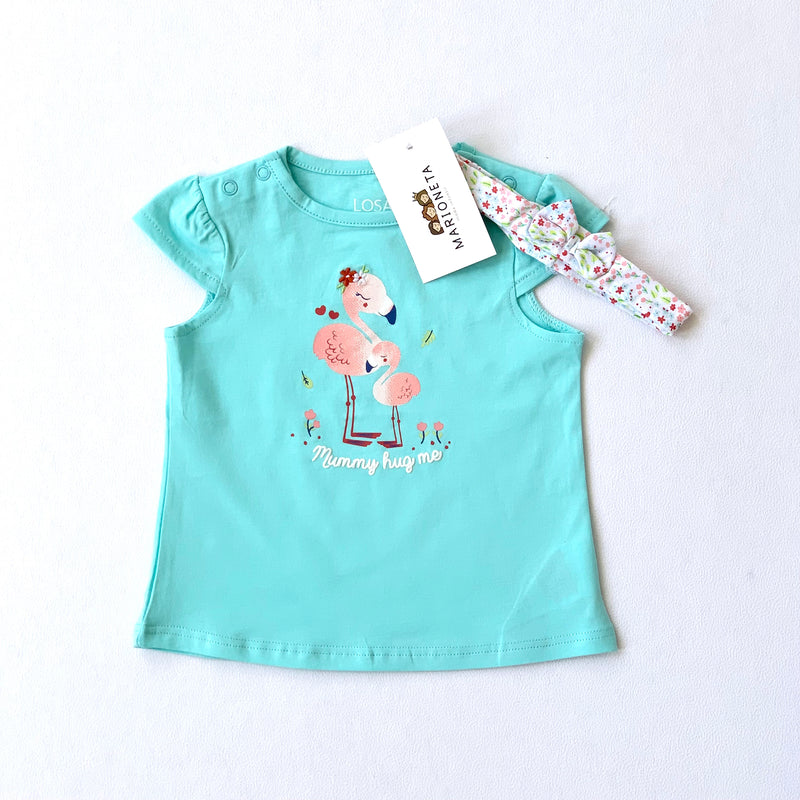 Conjunto tres piezas blusa turquesa con dibujo al frente  y pantalon estampado para bebe niña  LOSAN