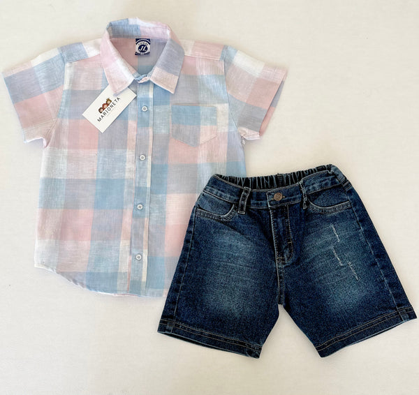 Conjunto dos piezas camisa a cuadros cielo con short mezclilla para niño. JL