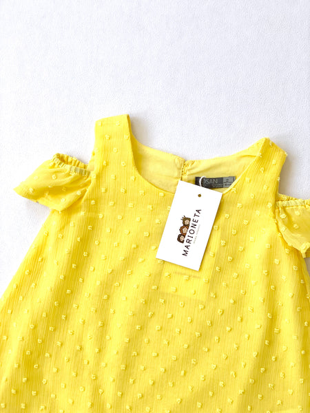 Vestido manga corta de plumeti color amarillo para niña | LOSAN