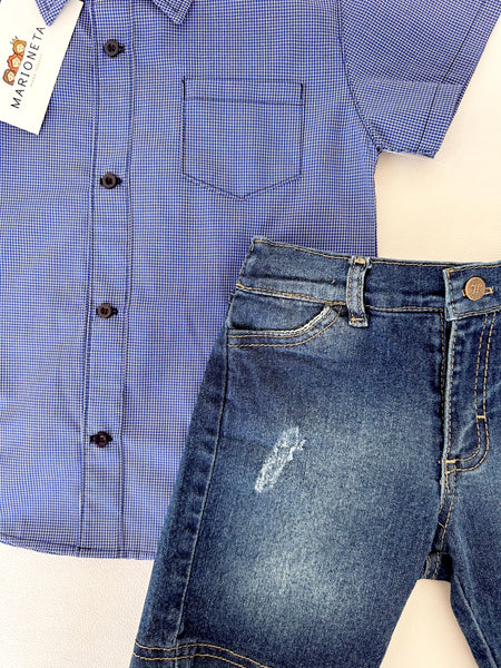 Conjunto dos piezas camisa a cuadros azul con short mezclilla para niño JL