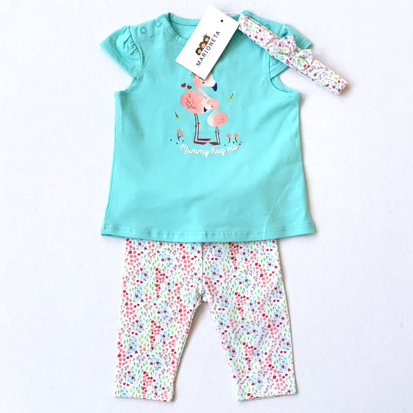 Conjunto tres piezas blusa turquesa con dibujo al frente  y pantalon estampado para bebe niña  LOSAN