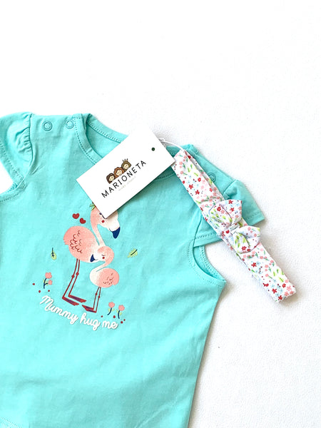 Conjunto tres piezas blusa turquesa con dibujo al frente  y pantalon estampado para bebe niña  LOSAN