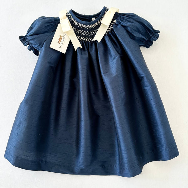 Vestido Bordado Color Azul marino con beige Para Niña| Carpi