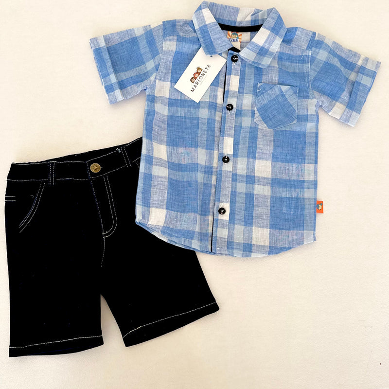 Conjunto dos piezas camisa a cuadros color azul y short mezclilla para niño, Mexicana