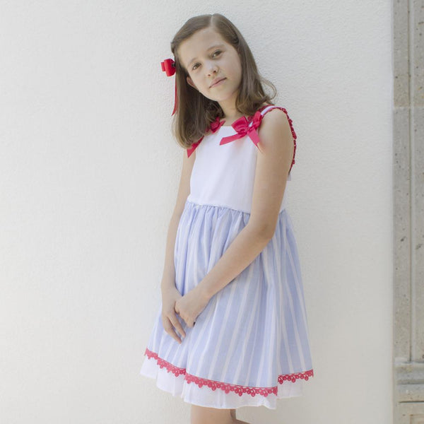 Vestido con tirantes color azul y rojo para niña| Newness