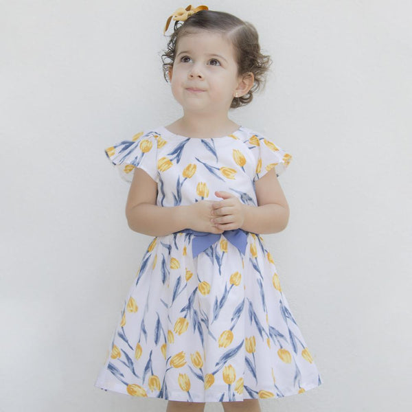 Vestido color blanco con tulipanes para niña| Newness